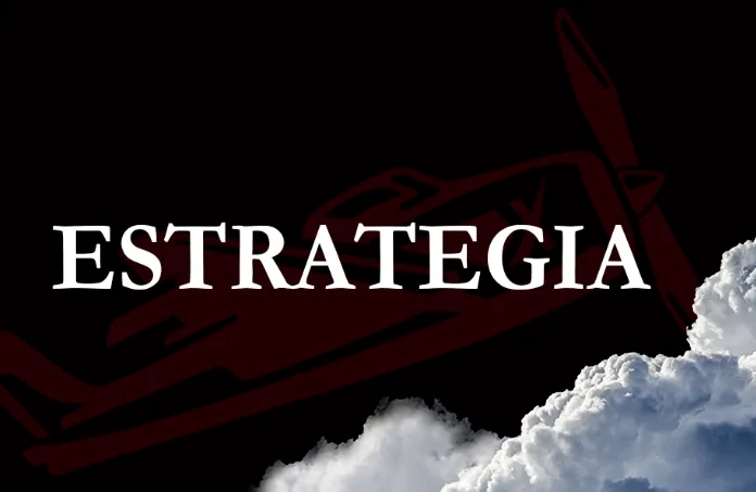 Un fondo negro con nubes blancas y las palabras estrategia aviator