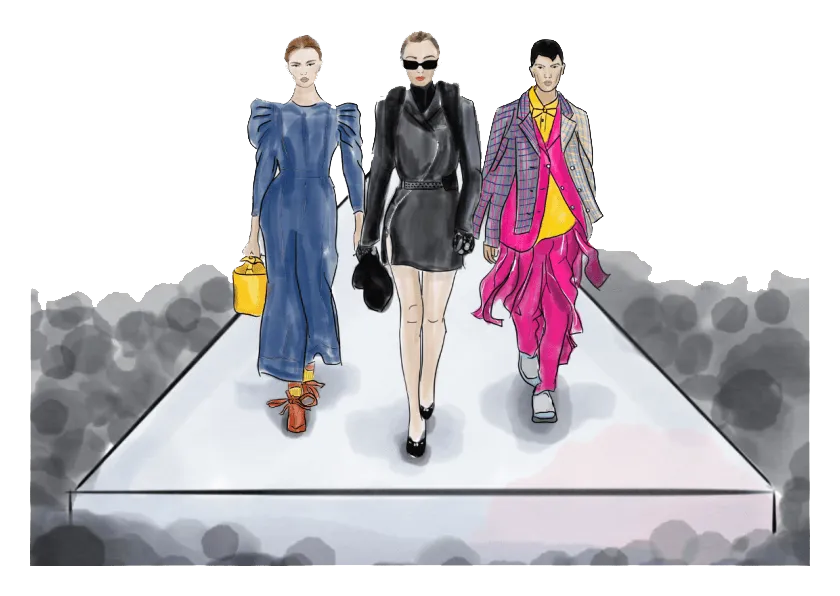 Tres mujeres caminando por una pasarela con vestidos