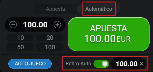 Interfaz de juego Aviator con botón de 'Automático' y 'Retiro Auto' para una apuesta de 100 EUR