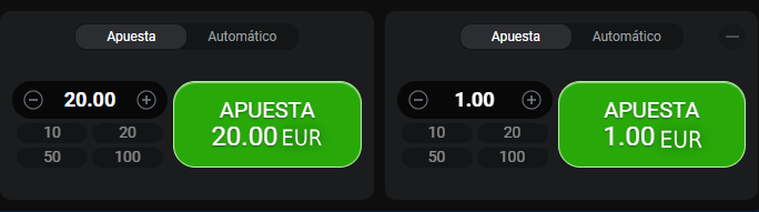 Dos botones de apuesta en un juego Aviator, uno mostrando 'APUESTA 20 EUR' y el otro 'APUESTA 1 EUR'