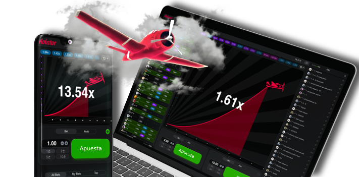 Pantalla de laptop mostrando un juego Aviator de apuestas con un avión rojo y gráficos de crecimiento
